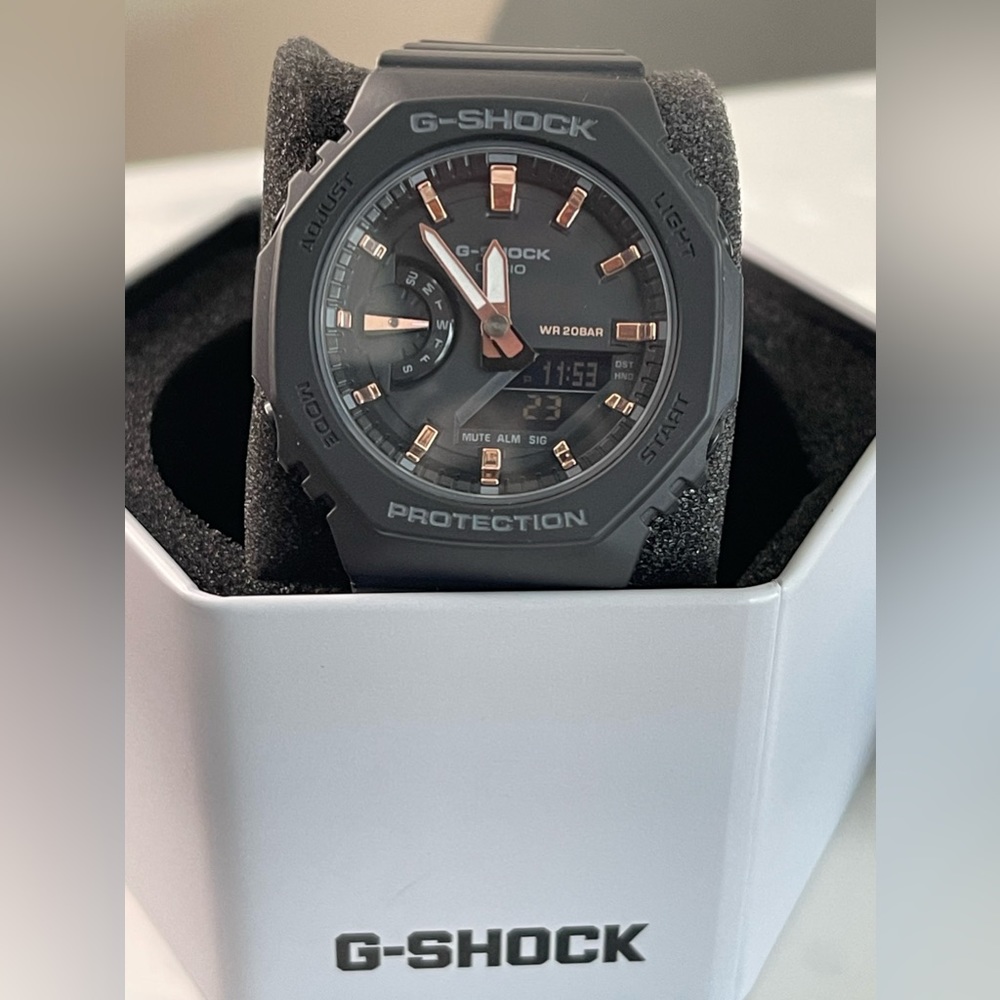 Women’s G-Shock GMAS2100-1A. Color: Matte Black & Rose Gold